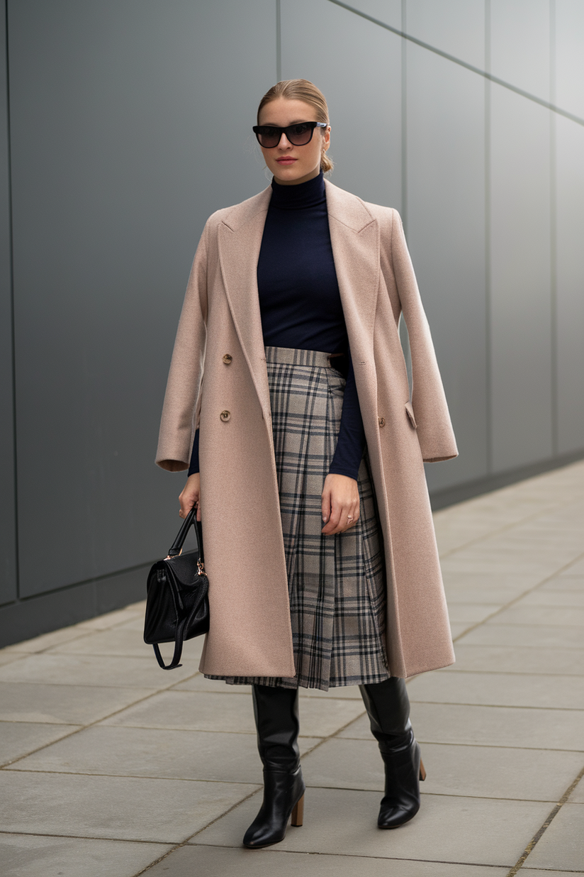 A woman in a plaid skirt, a navy turtleneck, and knee-high boots creates an elegant preppy look.