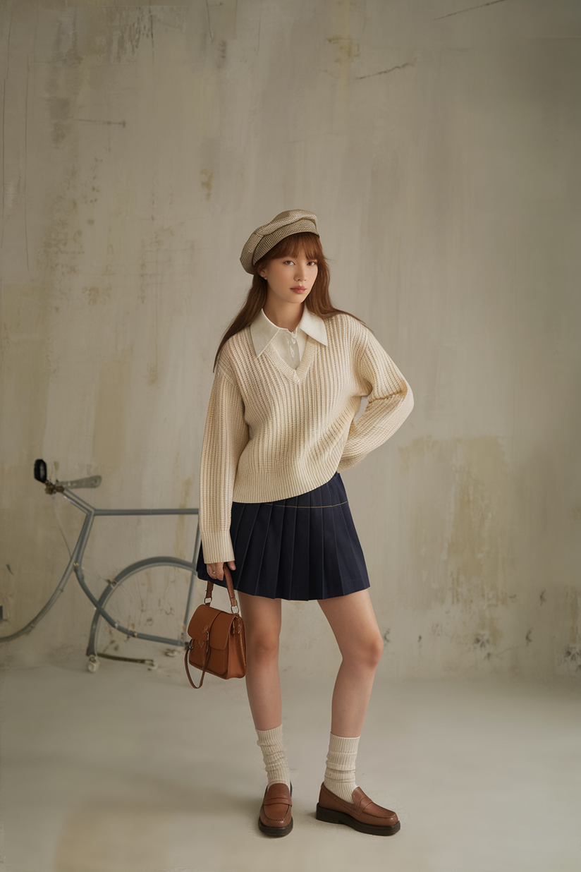 A woman wears a navy pleated skirt, a cream sweater, and knee-high socks for a school-inspired preppy look.