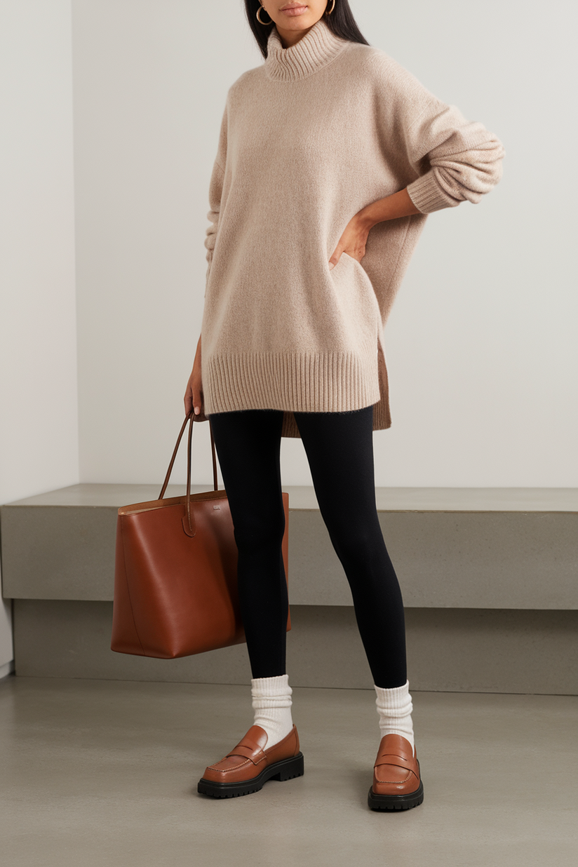 A woman in black leggings, a beige sweater, and brown loafers creates a relaxed yet preppy look.