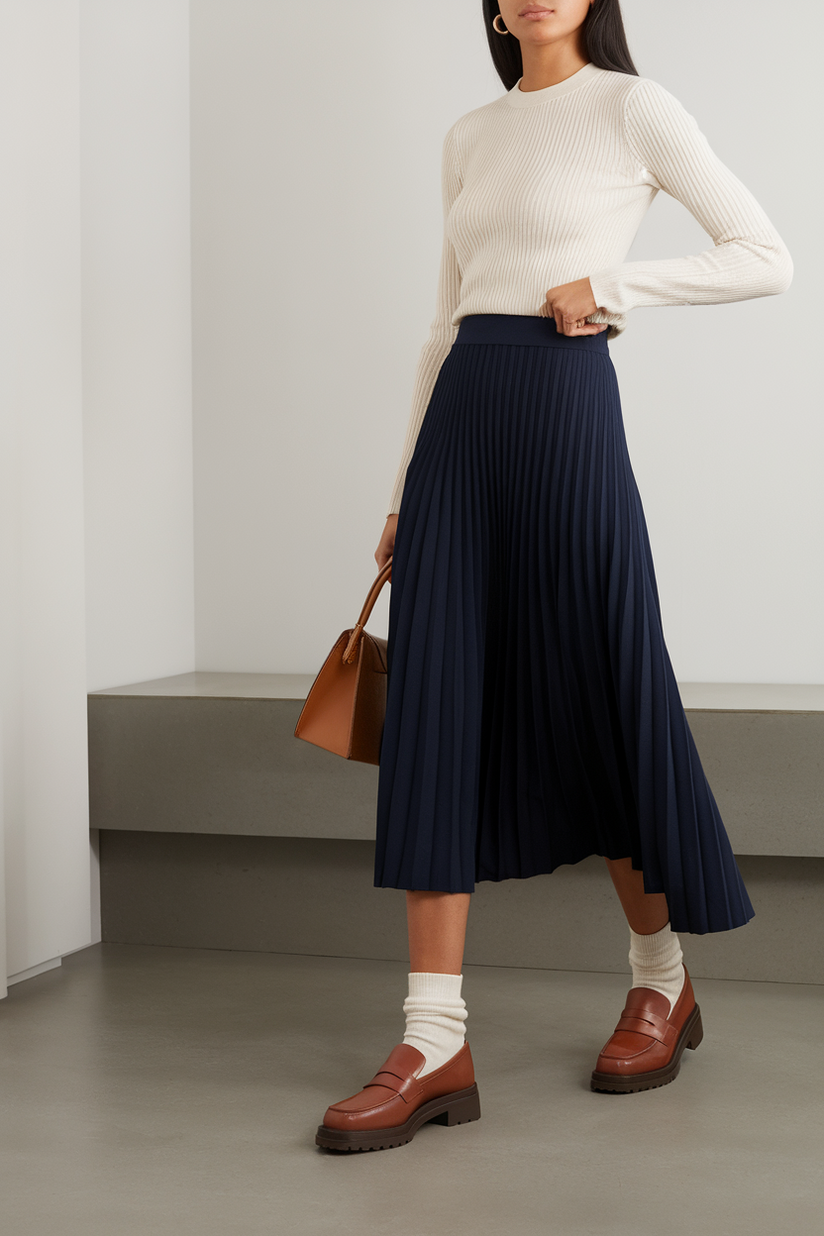 A woman wears a navy pleated skirt, a white sweater, and brown loafers for a classic preppy style.