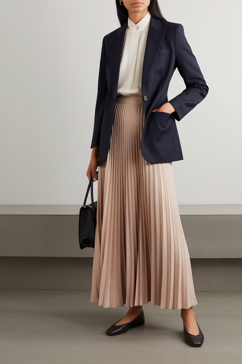 A woman wears a beige maxi skirt, a navy blazer, and ballet flats for an elegant preppy style.