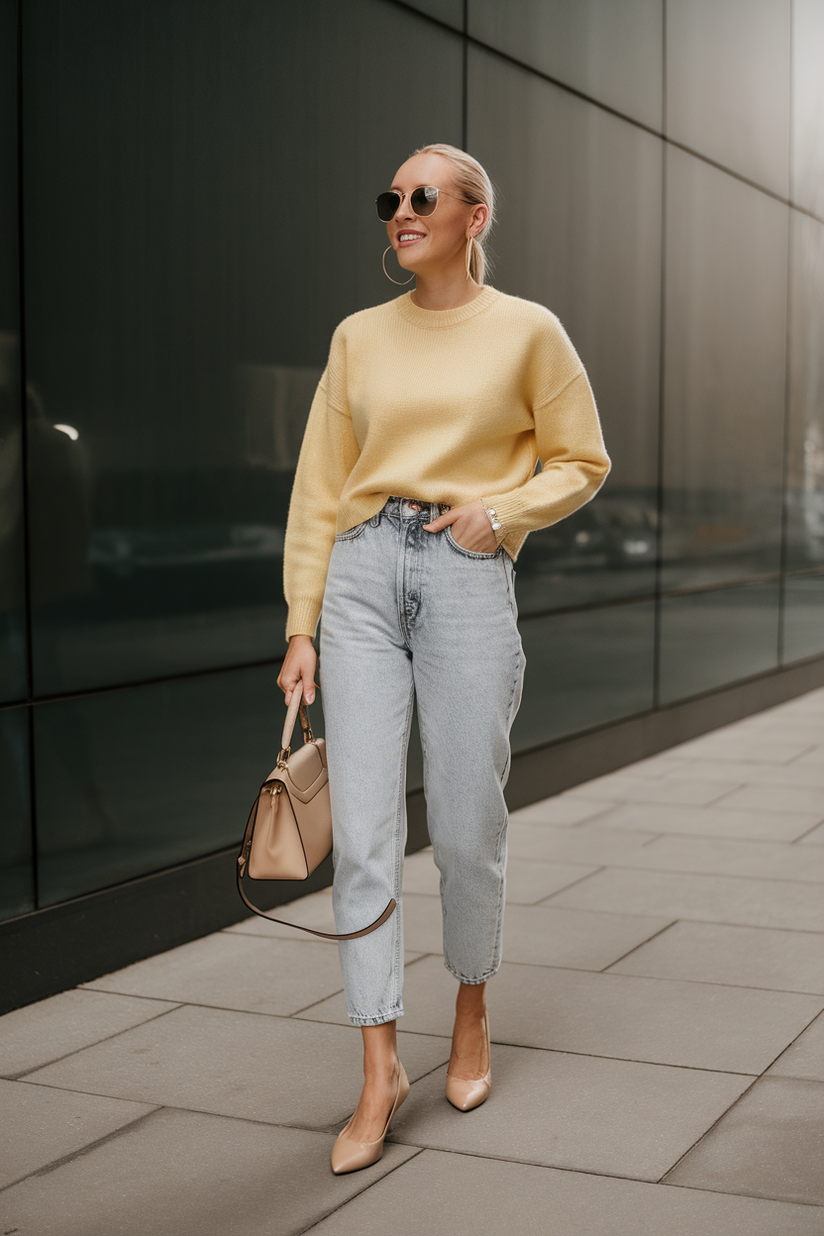 A woman wears mom jeans, a pastel knit sweater, and ballet flats for a casual preppy look.