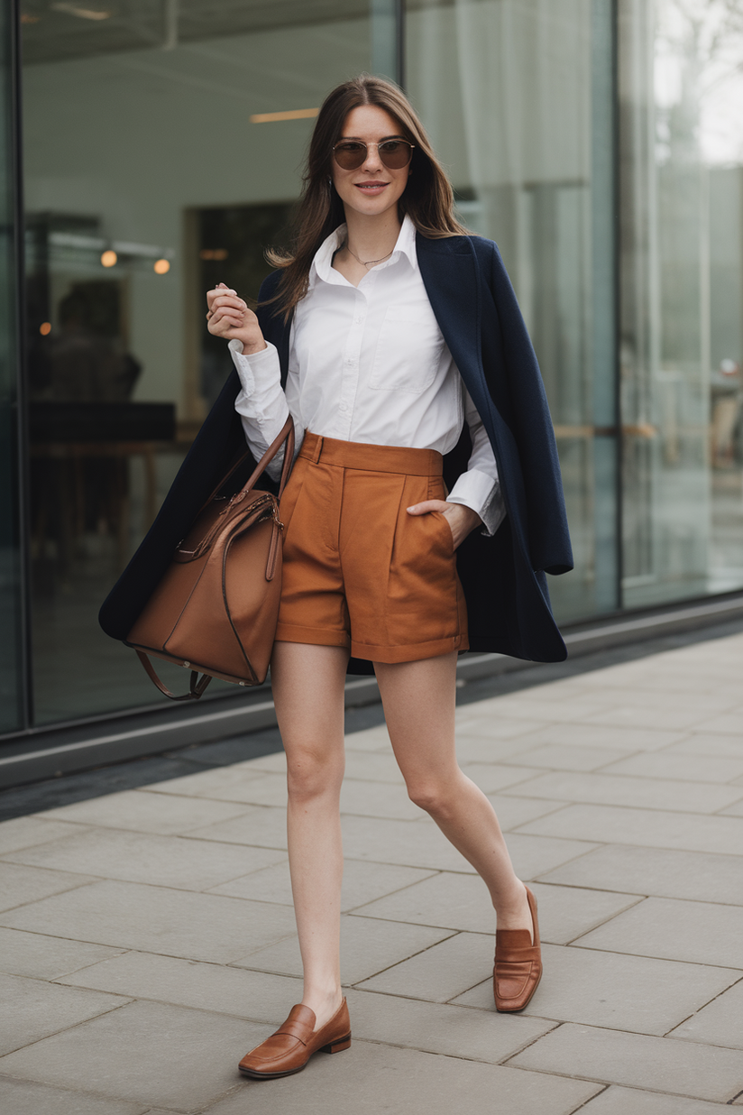 A woman in burnt orange chino shorts, a white button-up, and brown loafers presents a bright yet classic preppy look.