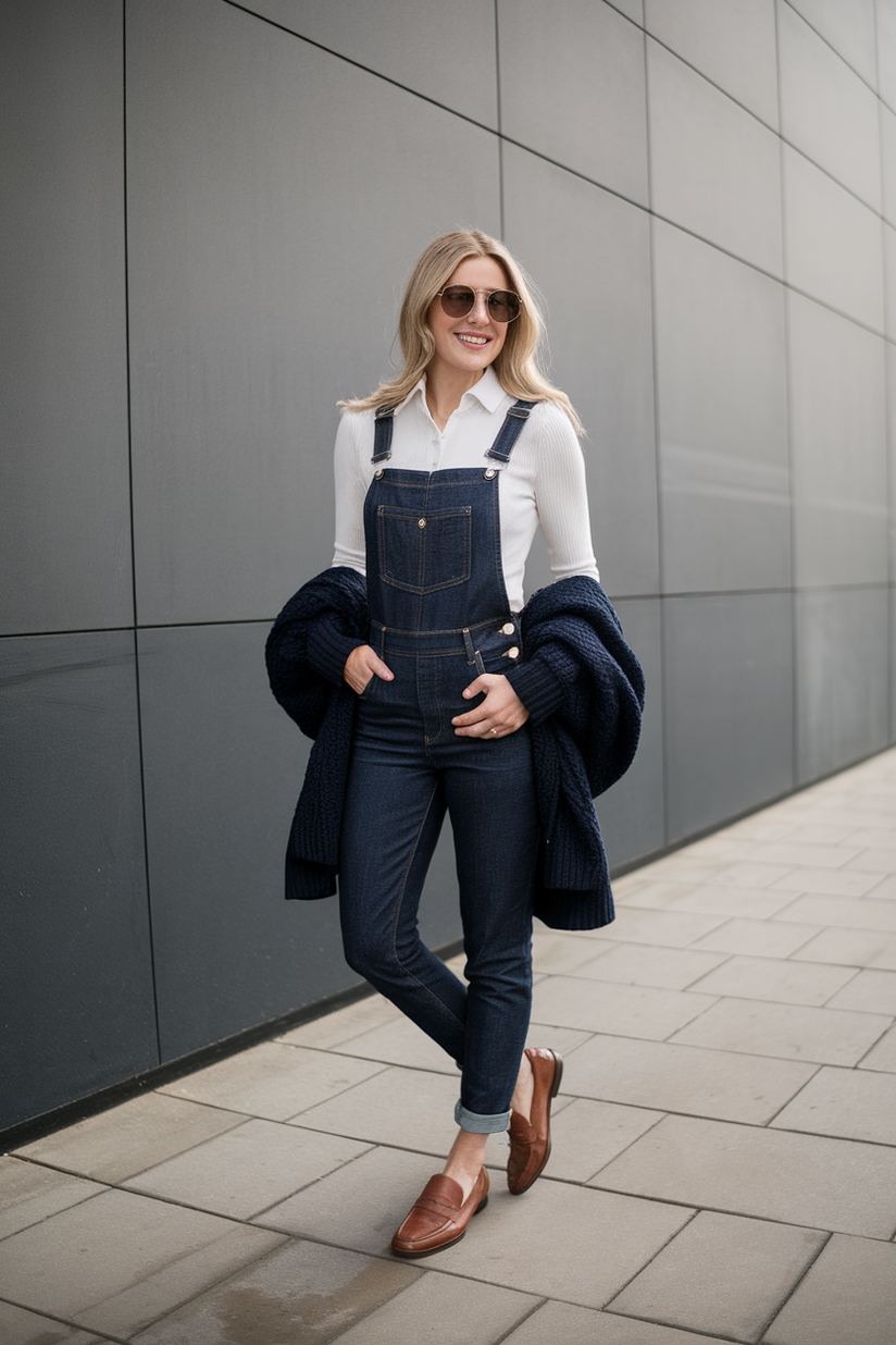 A woman in denim overalls, a white button-up, and brown loafers showcases a polished preppy aesthetic.