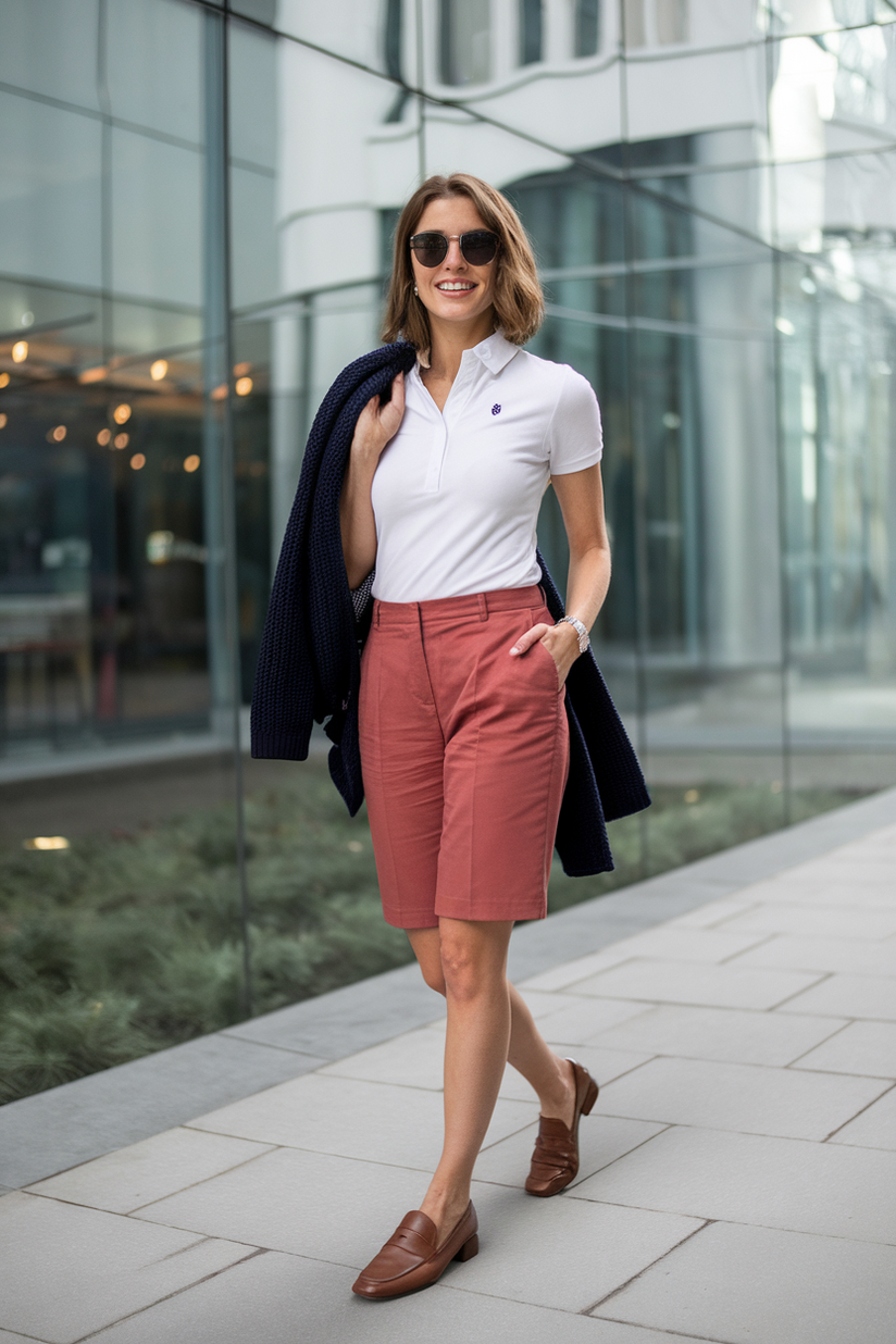 A woman wears red chino shorts, a white polo, and brown loafers, embodying a classic preppy aesthetic.