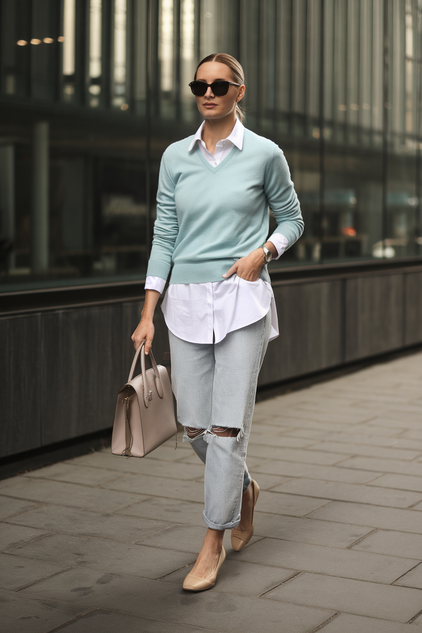 A woman in ripped jeans, a pastel sweater, and ballet flats creates a casual preppy style.