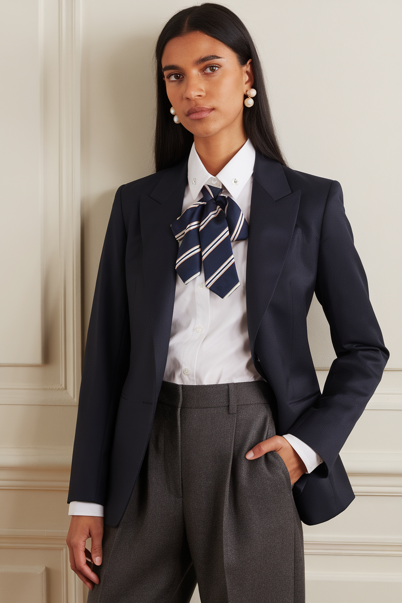 A woman wears grey trousers, a navy blazer, and a striped tie, reflecting polished preppy fashion.