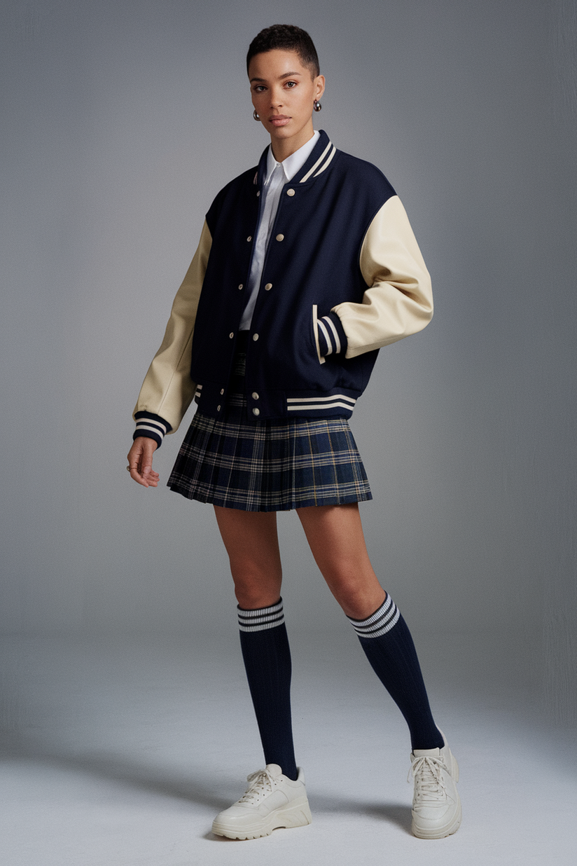 A woman wears a plaid pleated skirt, a varsity jacket, and knee-high socks for a sporty preppy look.