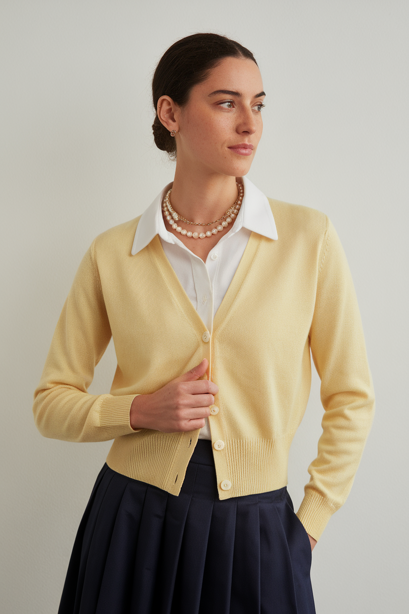 A woman in a navy pleated skirt, a pastel yellow cardigan, and brown loafers presents a refined preppy look.