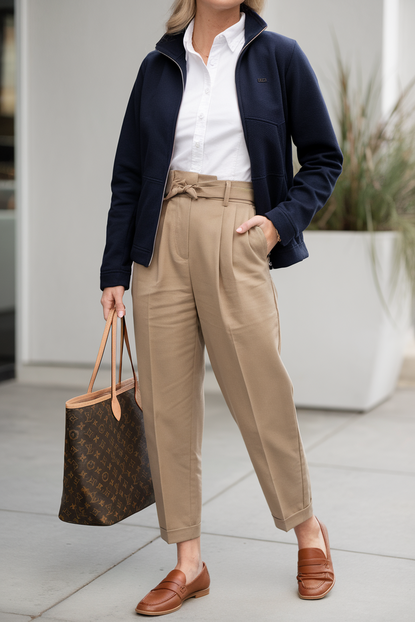 A woman in khaki trousers, a navy fleece, and brown loafers embodies a sporty, preppy aesthetic.