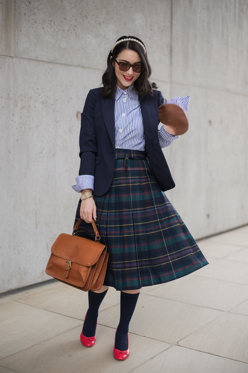 A woman in a plaid skirt, a navy blazer, and red ballet flats presents a playful, preppy aesthetic.