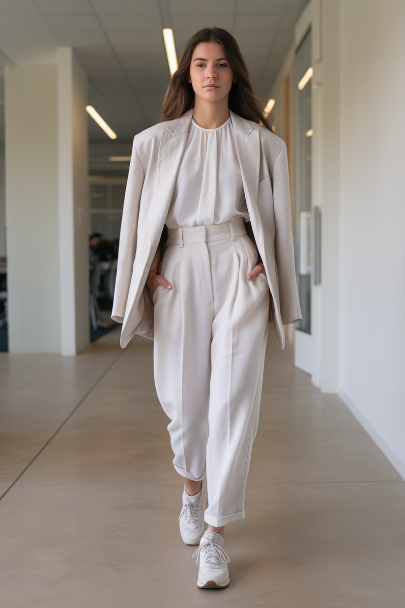 Beige linen blazer, white blouse, white trousers, and white tennis shoes in an office.