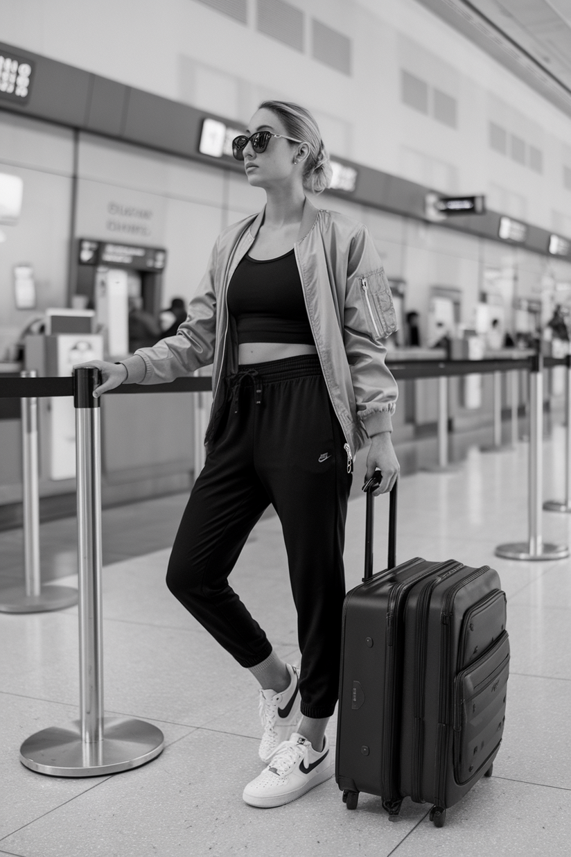 Black joggers styled with a fitted tank top, a bomber jacket, and white Nike Air Force 1 sneakers.