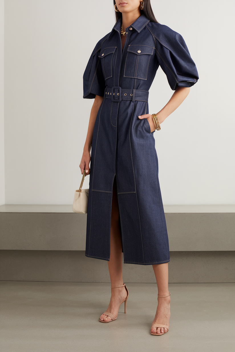 A structured midi-length denim dress with puff sleeves and a belted waist, styled with nude heels.