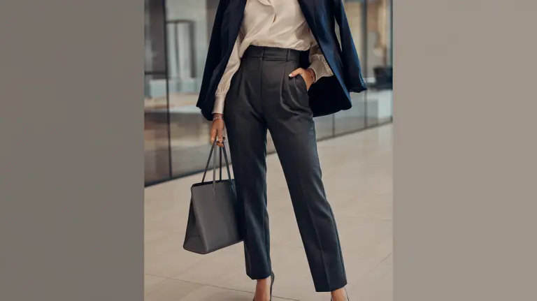 A woman in gray trousers, a white silk blouse, and a navy blazer, styled with heels.