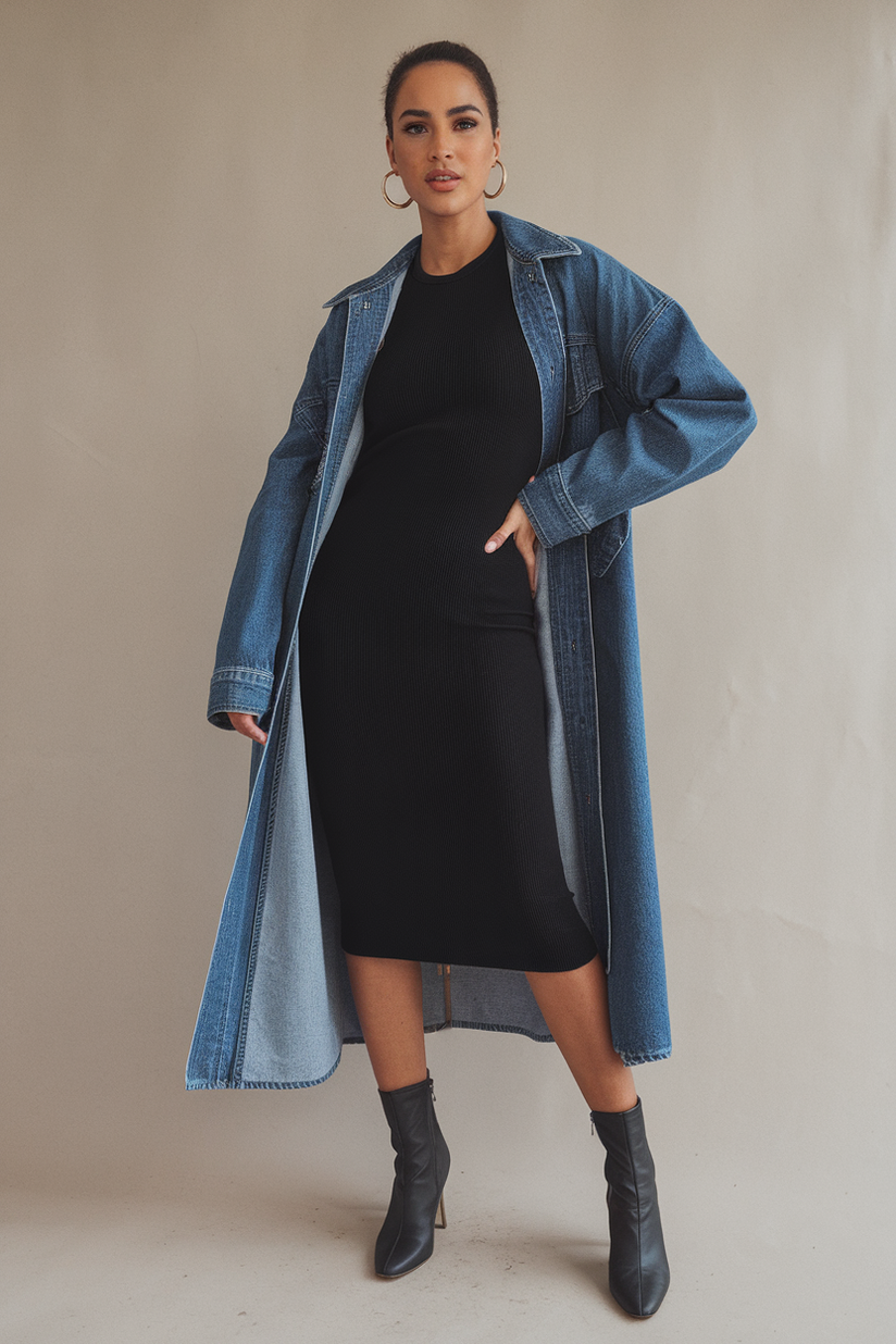 A black midi dress styled with a longline blue denim coat and heeled boots.