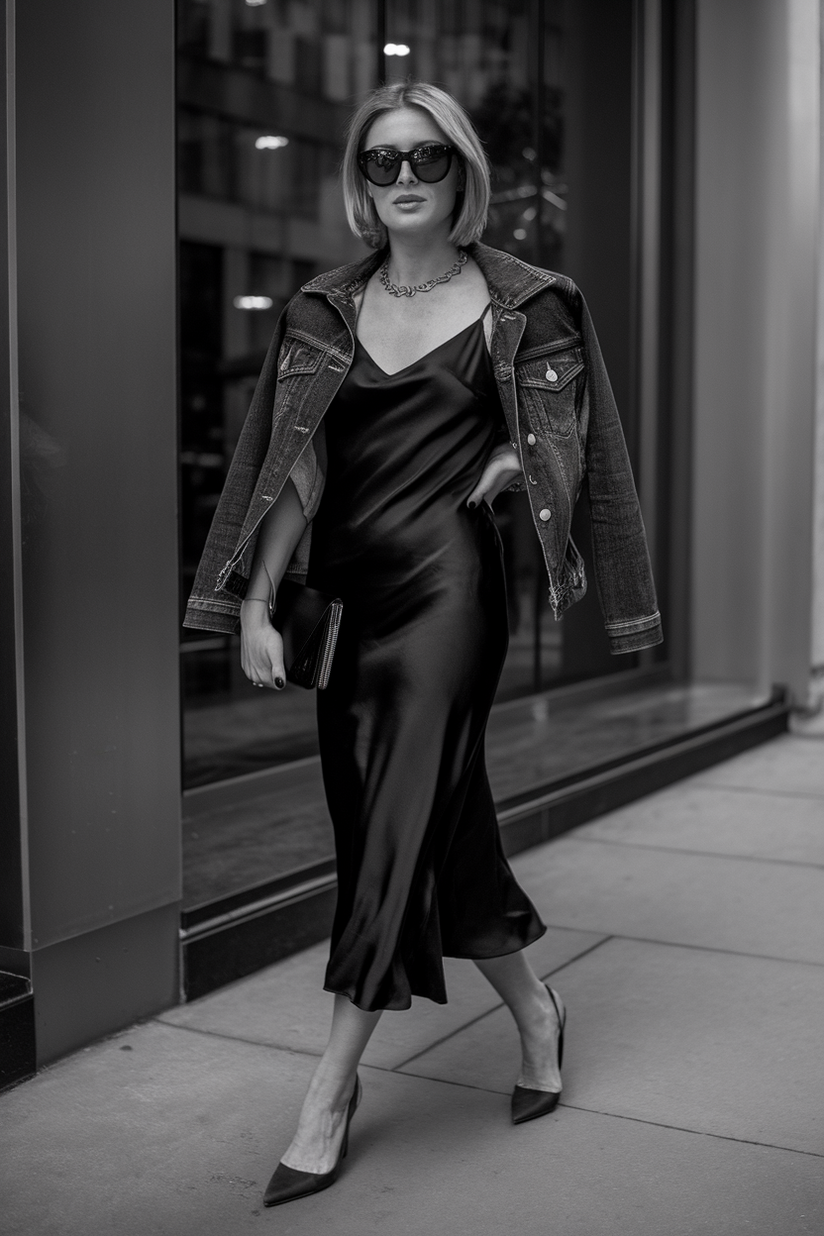 A black satin slip dress layered with a tailored dark-wash denim jacket, styled with heels.