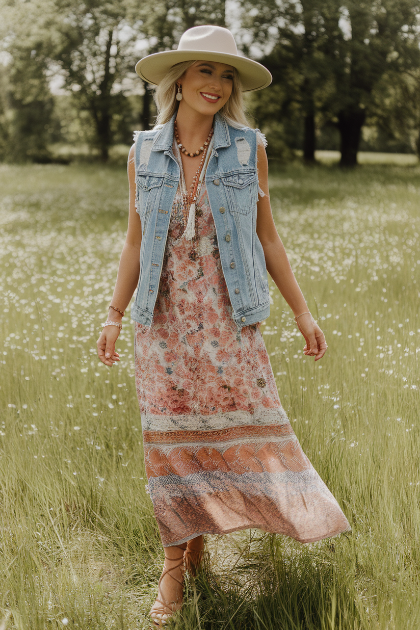 A floral maxi dress layered with a sleeveless distressed denim vest, styled with sandals.