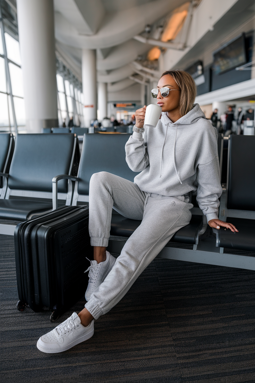 A gray sweatpants set styled with an oversized hoodie and white sneakers.