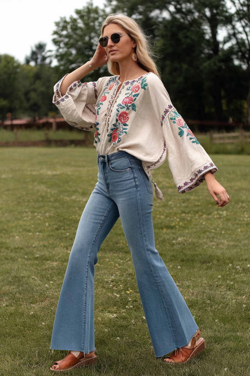 High-waisted flared jeans styled with a bohemian blouse for a 70s hippie-inspired look.