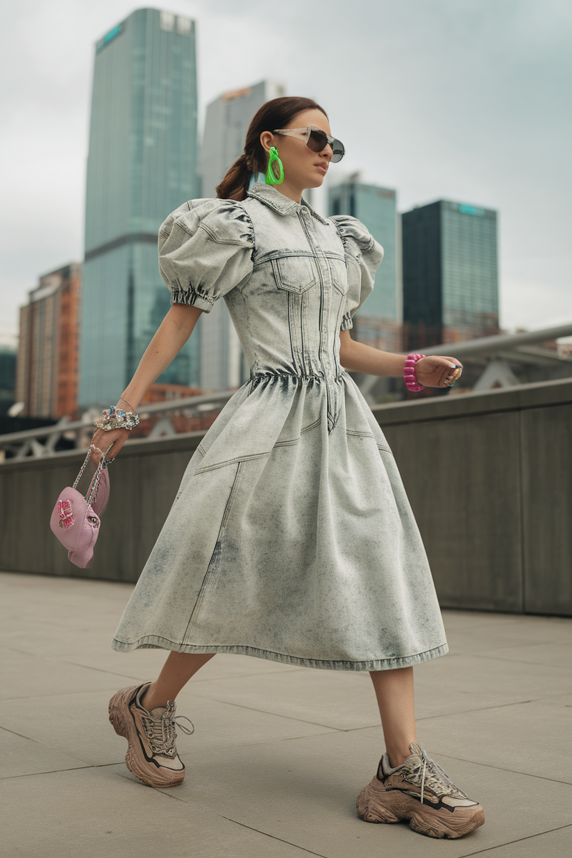 An acid-wash denim dress with puff sleeves, styled with chunky sneakers.