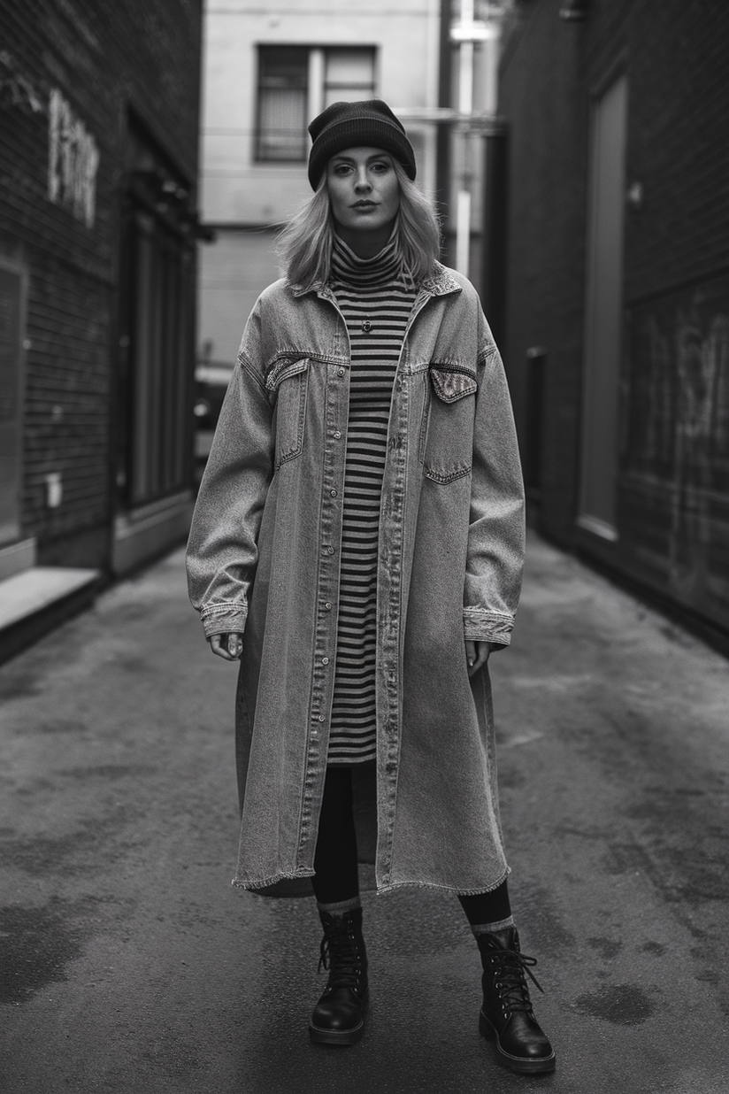 An oversized denim dress layered over a striped turtleneck, styled with combat boots.