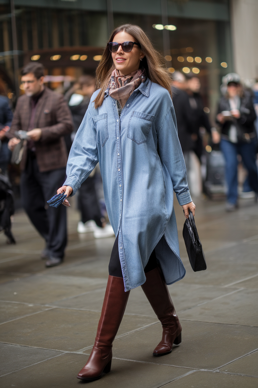 A button-down denim tunic dress layered over black leggings, styled with knee-high boots.