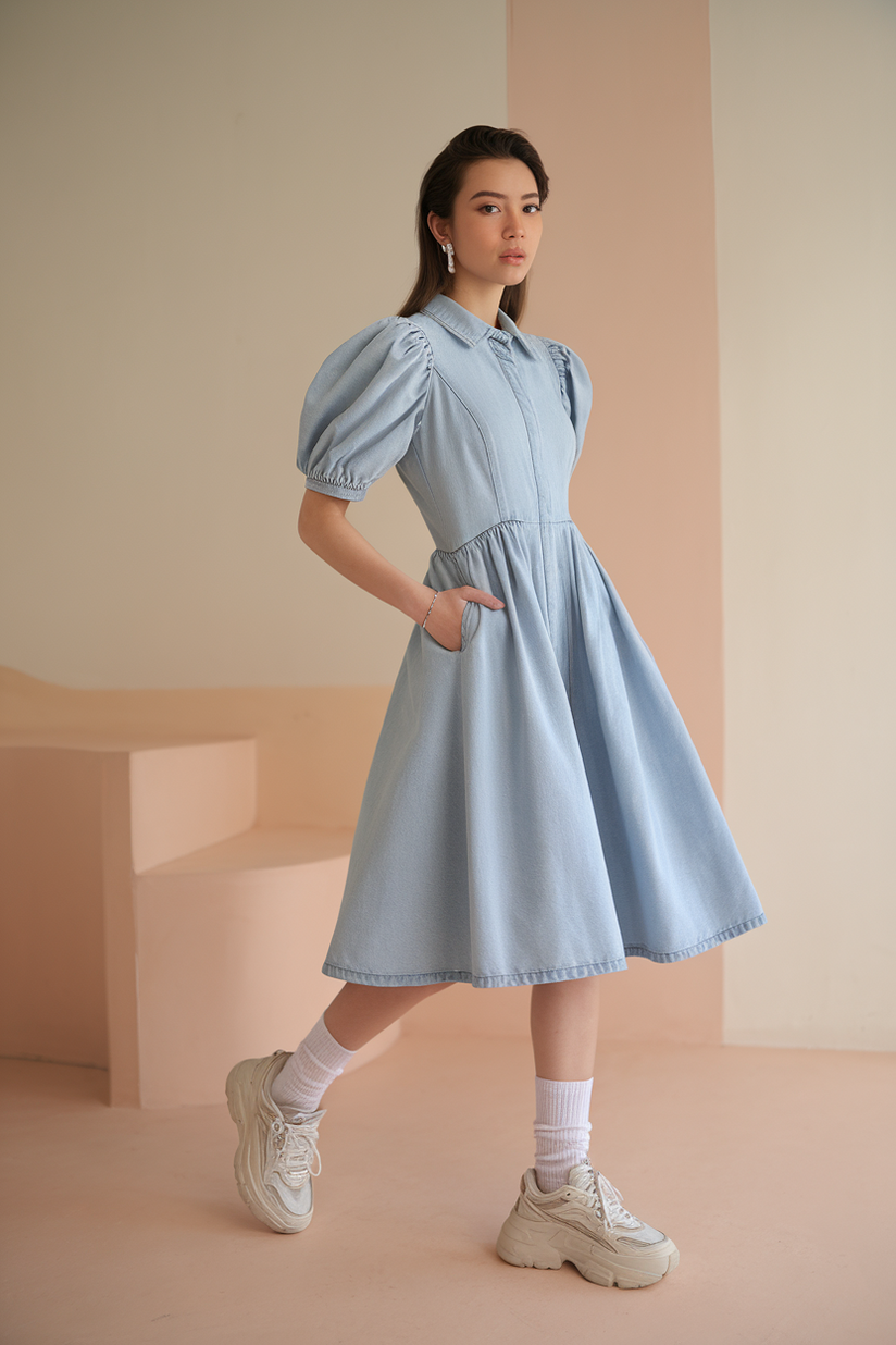 A light blue denim A-line dress with puff sleeves, styled with white sneakers.