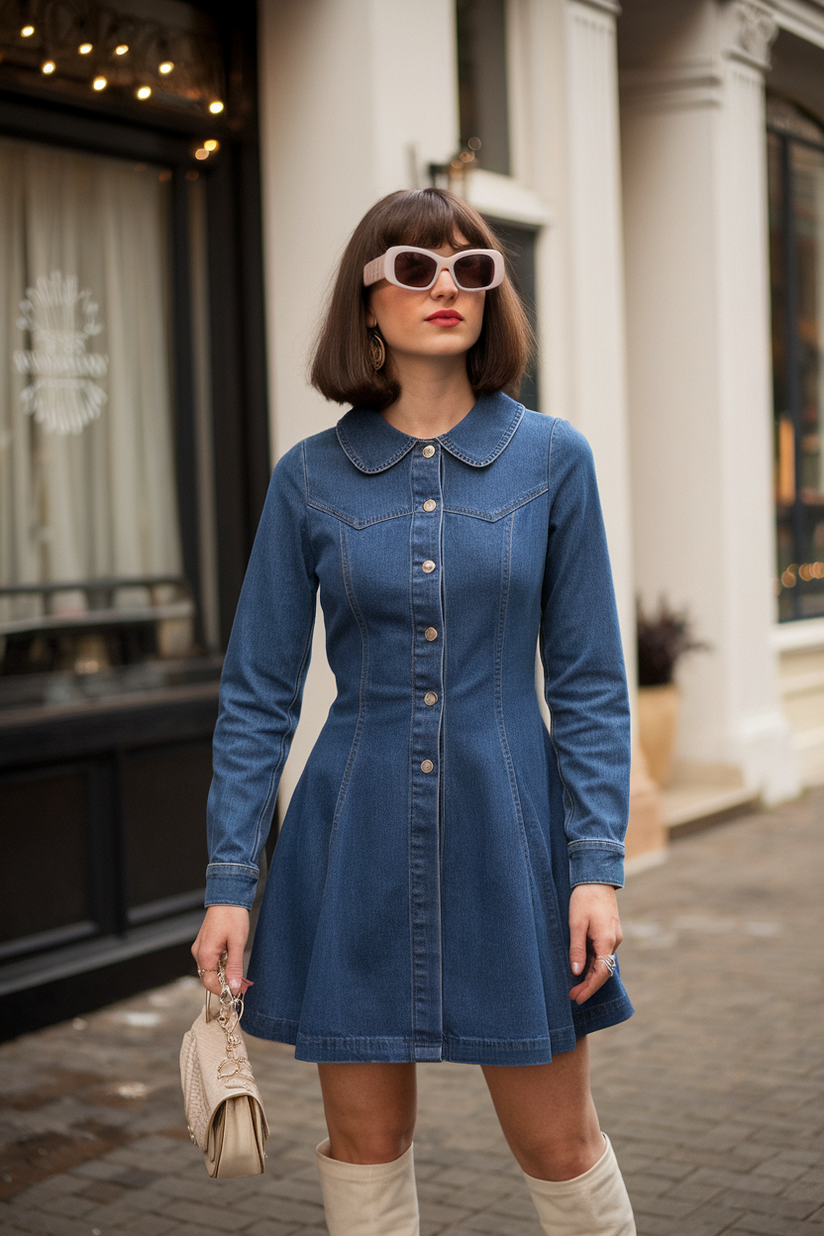 A 60s-style A-line denim mini dress with a Peter Pan collar, styled with white knee-high boots.