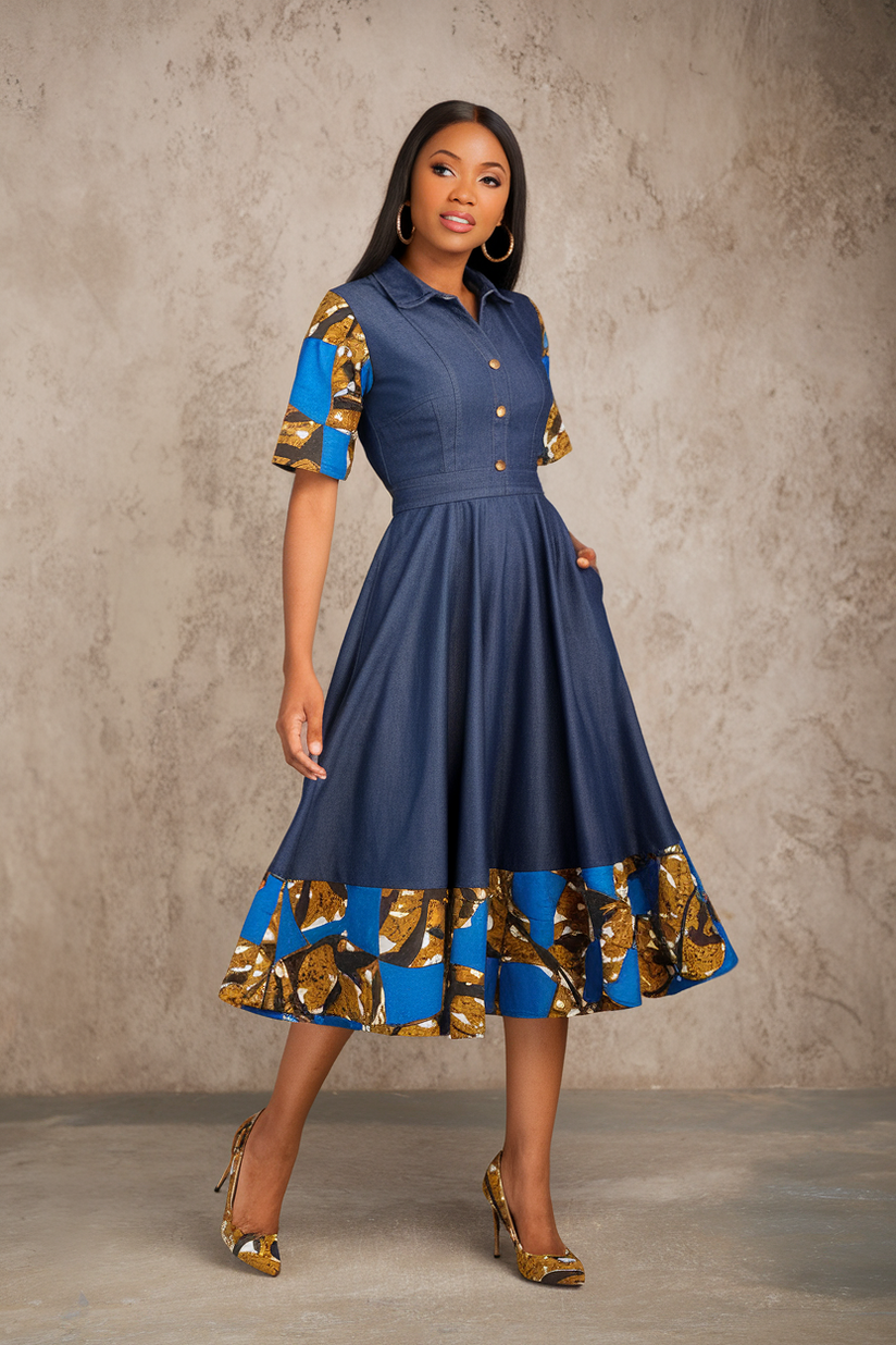 A blue denim dress with Ankara fabric details, styled with matching print heels.