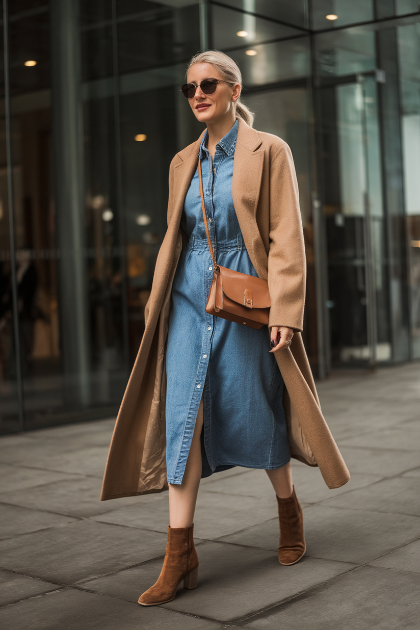 A medium-wash denim midi dress layered under a long camel-colored coat.