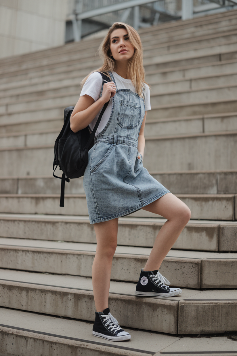 A faded denim pinafore dress over a white tee, styled with black high-top Converse sneakers.