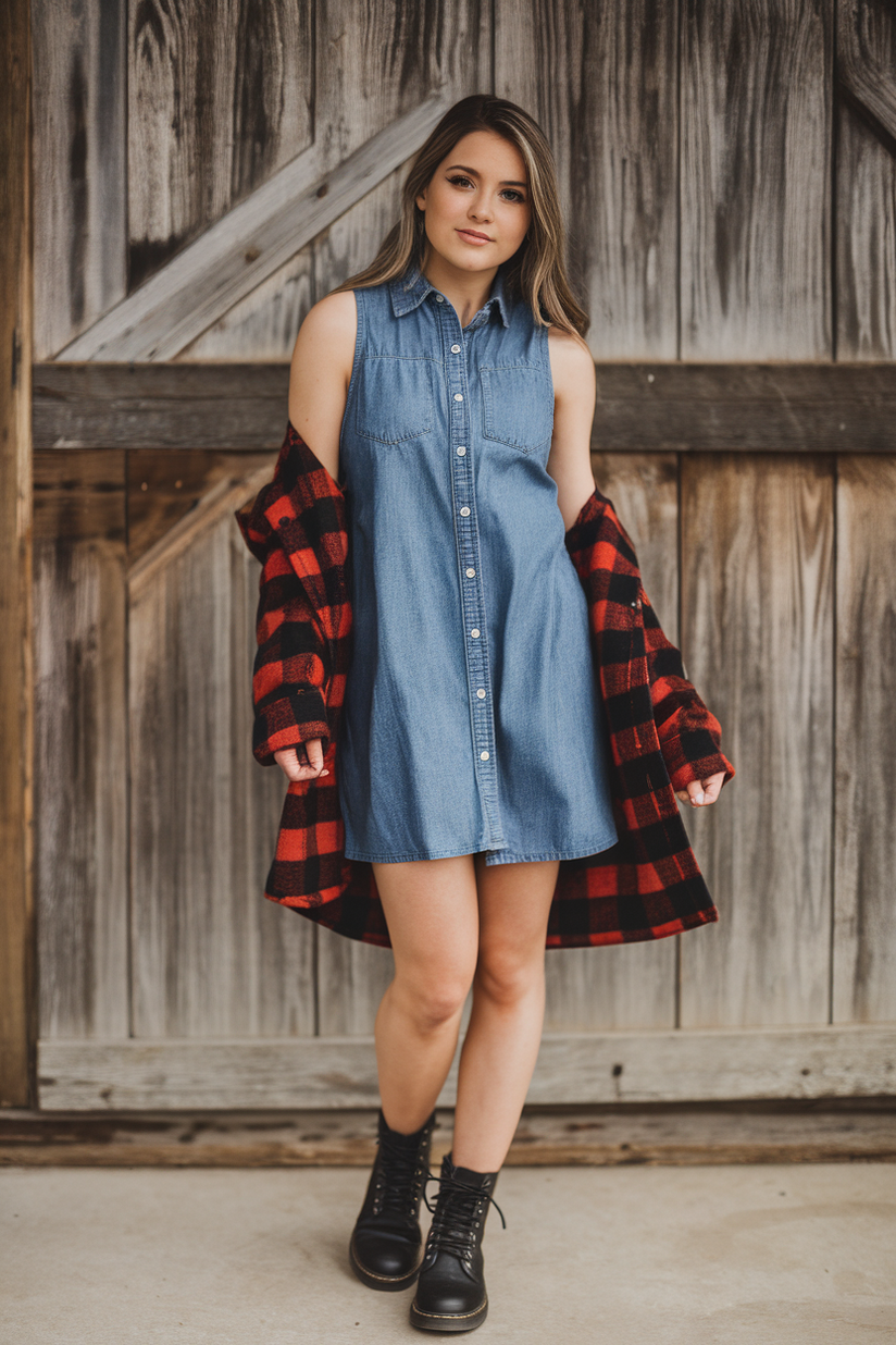 A blue denim dress layered over a red and black flannel shirt, paired with black boots.