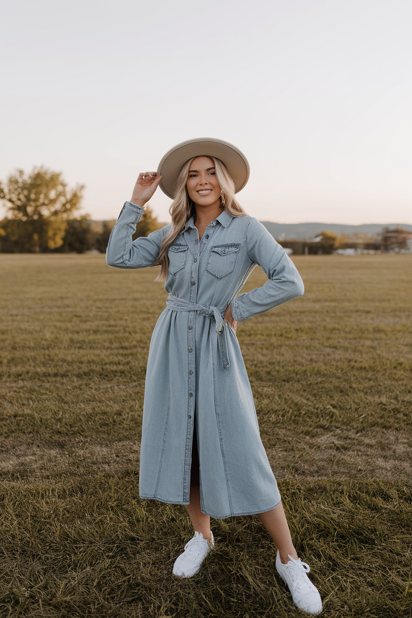 A denim button-up dress styled with a wide-brim hat and white sneakers.