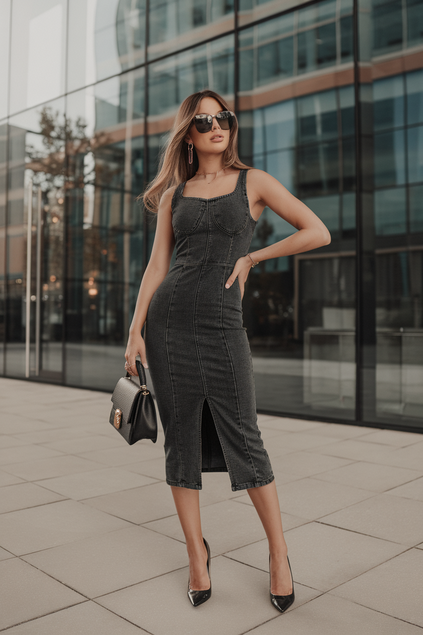 A fitted dark-wash denim midi dress with a front slit, styled with black stiletto heels.