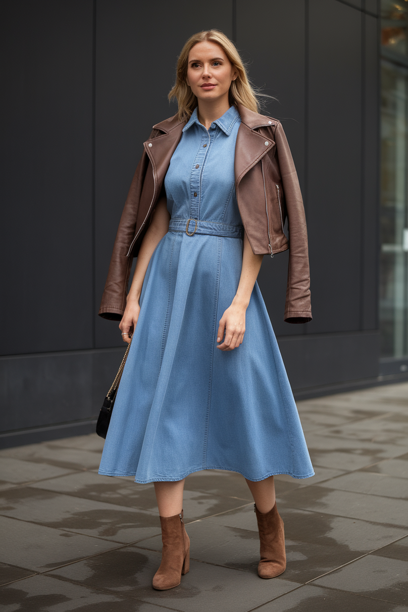 A knee-length blue denim dress styled with a cropped leather jacket and ankle boots.