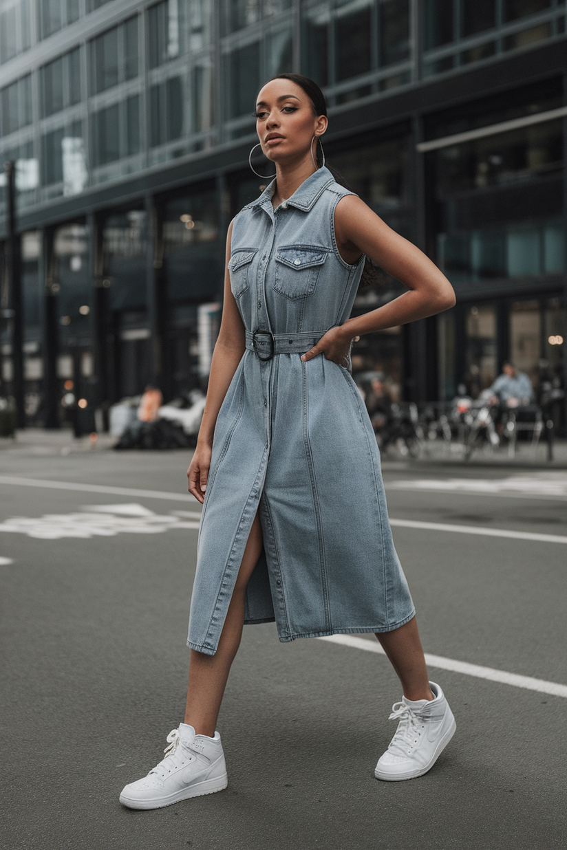 A sleeveless denim dress paired with white Air Jordans.