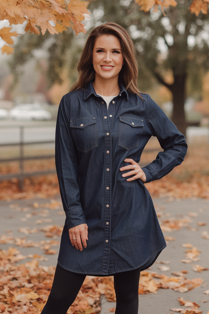 A dark blue denim shirt dress styled with black leggings and ankle boots.