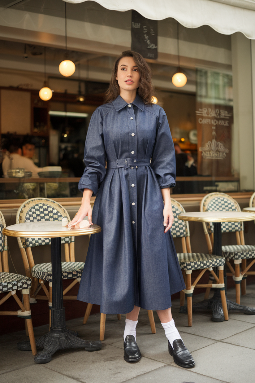 A medium-wash denim shirt dress with a belted waist, styled with black leather loafers.