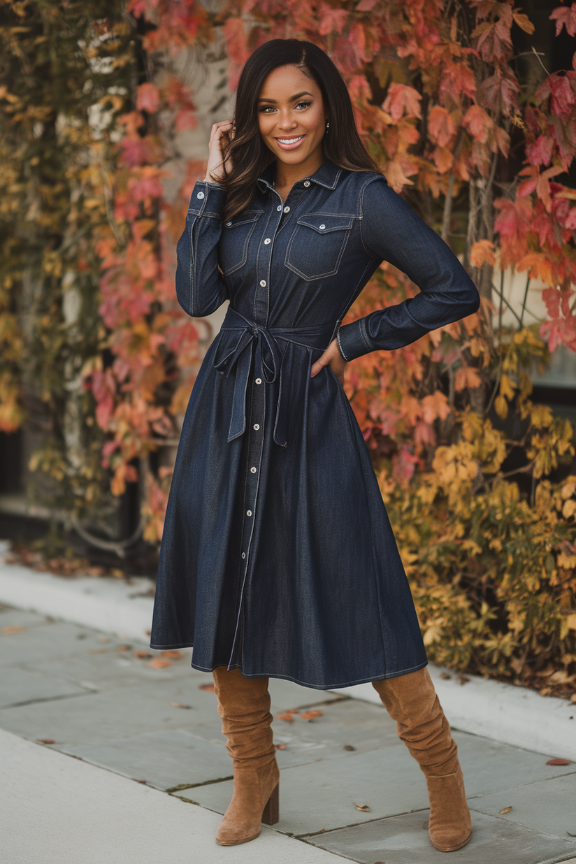 A dark-wash denim midi dress with long sleeves and a waist tie, styled with knee-high boots.