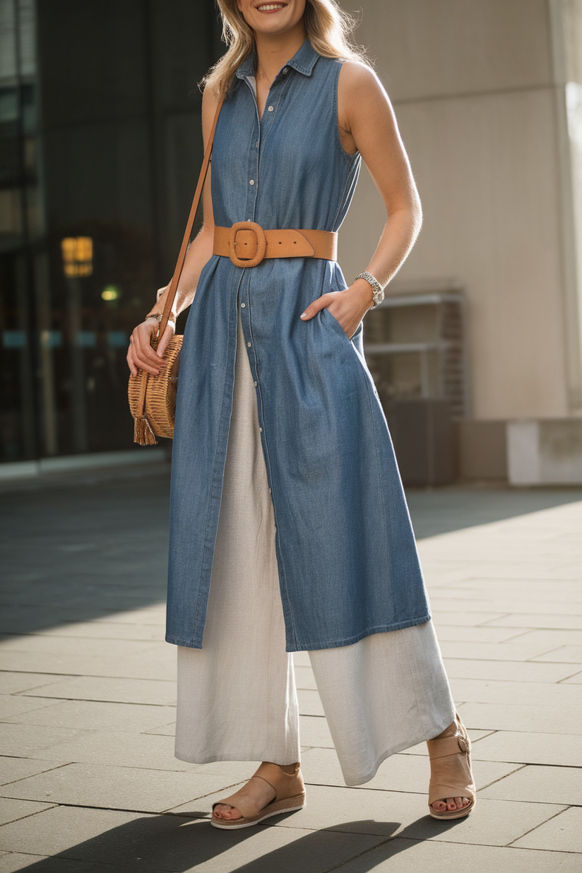 A sleeveless blue denim dress layered over wide-leg white linen pants.