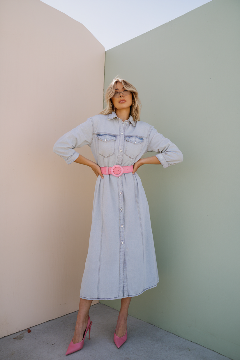 A light-wash denim dress styled with a pink belt and pink heels.