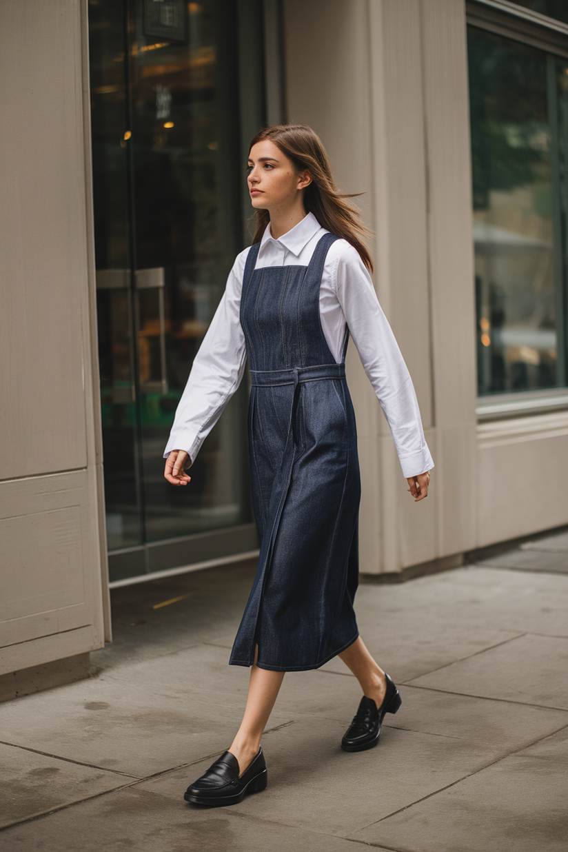 A dark-wash denim pinafore dress layered over a white button-down shirt, styled with black loafers.