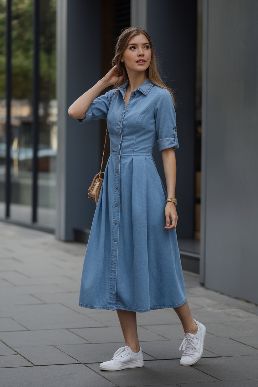 A knee-length button-up blue denim dress with rolled-up sleeves, styled with white tennis shoes.