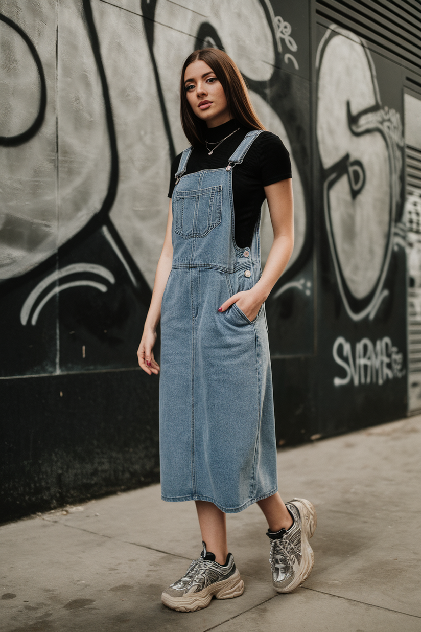 A medium-wash denim overall dress layered over a black t-shirt, styled with chunky sneakers.