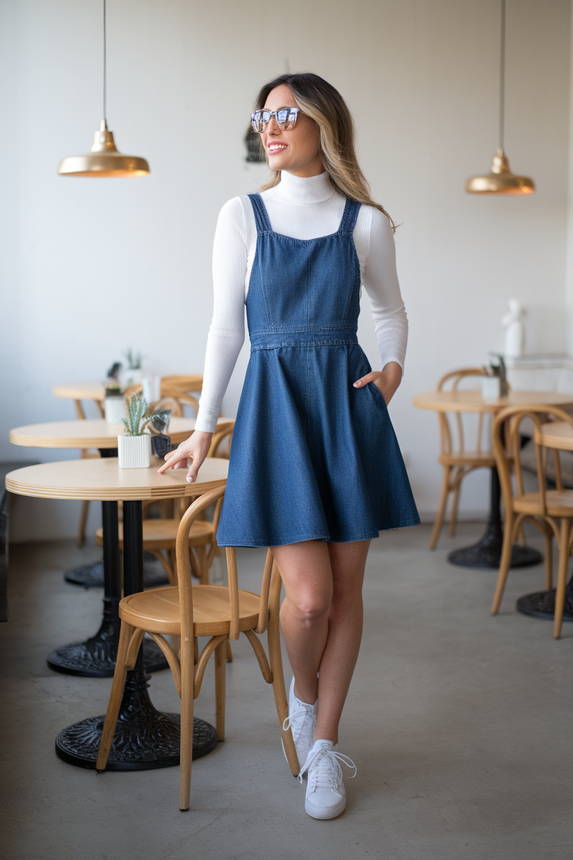 A denim pinafore dress layered over a white turtleneck, styled with white sneakers.