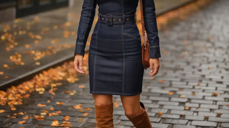 A woman in a dark-wash denim dress with a belted waist, styled with brown knee-high boots.