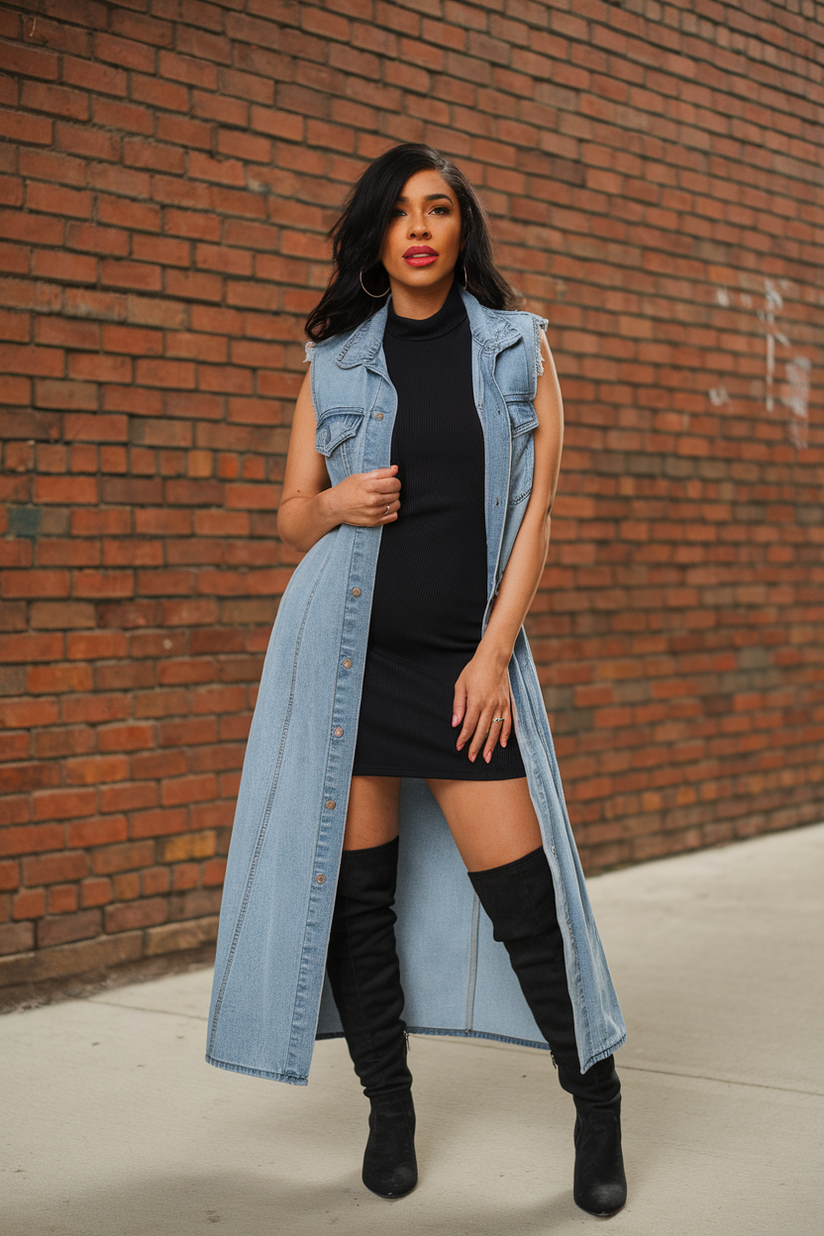 A long denim vest layered over a black dress, styled with knee-high boots.