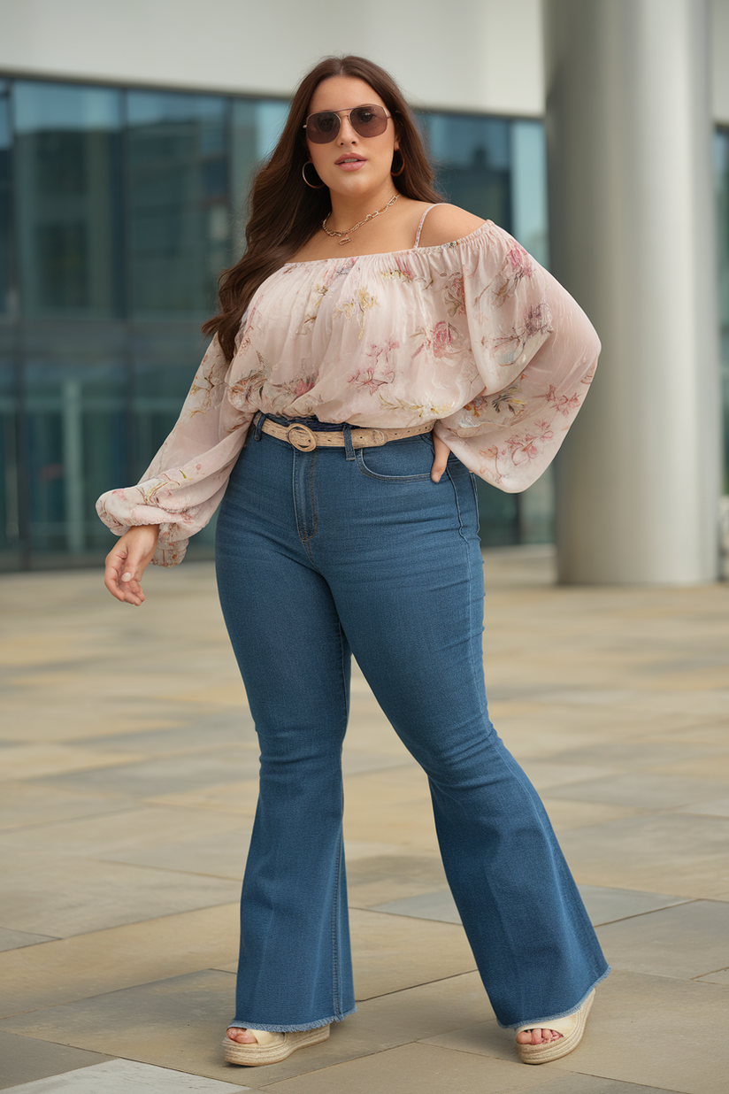 High-waisted flared jeans styled with an off-shoulder blouse for a flattering XL outfit.