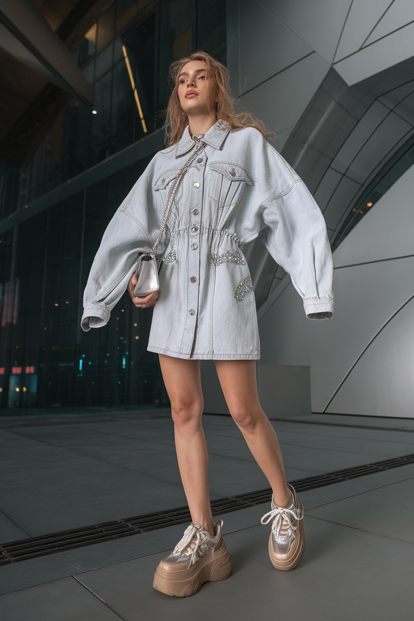 A light-wash denim mini dress with oversized sleeves, styled with platform sneakers.